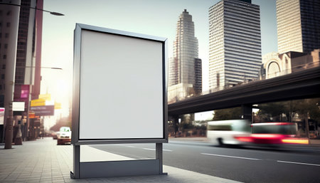 a blank billboard situated in the foreground, providing ample space for showcasing your product. In the background, the cityscape is depicted in a blur, suggesting a bustling urban environment.の素材
