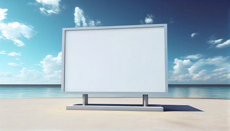 a blank billboard situated in the foreground, providing ample space for showcasing your product. In the background, a mesmerizing seascape is depicted, suggesting a captivating oceanic environment.の素材