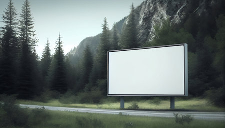a blank billboard situated in the foreground, providing ample space for showcasing your product. In the background, a tranquil forest is depicted, suggesting a peaceful natural setting.の素材