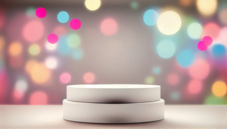 The image depicts a product display stand set against a soft pastel bokeh background. The stand is designed for presenting and showcasing any product in a stylish and elegant manner.malist aesthetic.の素材