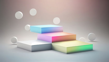 The image depicts a product display stand set against a soft pastel bokeh background. The stand is designed for presenting and showcasing any product in a stylish and elegant manner.malist aesthetic.の素材