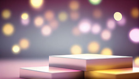The image depicts a product display stand set against a soft pastel bokeh background. The stand is designed for presenting and showcasing any product in a stylish and elegant manner.malist aesthetic.の素材
