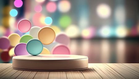The image depicts a product display stand set against a soft pastel bokeh background. The stand is designed for presenting and showcasing any product in a stylish and elegant manner.malist aesthetic.の素材