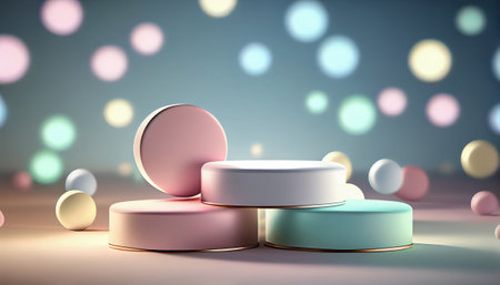 The image depicts a product display stand set against a soft pastel bokeh background. The stand is designed for presenting and showcasing any product in a stylish and elegant manner.malist aesthetic.の素材