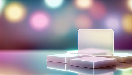 The image depicts a product display stand set against a soft pastel bokeh background. The stand is designed for presenting and showcasing any product in a stylish and elegant manner.malist aesthetic.の素材