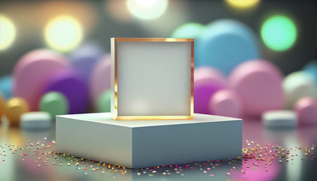 The image depicts a product display stand set against a soft pastel bokeh background. The stand is designed for presenting and showcasing any product in a stylish and elegant manner.malist aesthetic.の素材
