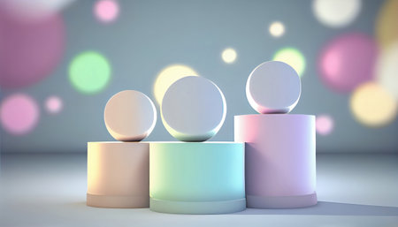 The image depicts a product display stand set against a soft pastel bokeh background. The stand is designed for presenting and showcasing any product in a stylish and elegant manner.malist aesthetic.の素材