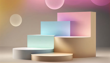 The image depicts a product display stand set against a soft pastel bokeh background. The stand is designed for presenting and showcasing any product in a stylish and elegant manner.malist aesthetic.の素材