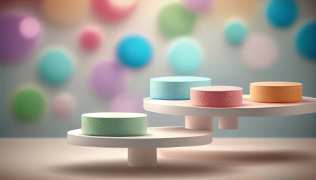 The image depicts a product display stand set against a soft pastel bokeh background. The stand is designed for presenting and showcasing any product in a stylish and elegant manner.malist aesthetic.の素材