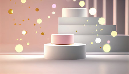 The image depicts a product display stand set against a soft pastel bokeh background. The stand is designed for presenting and showcasing any product in a stylish and elegant manner.malist aesthetic.の素材