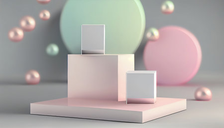 The image depicts a product display stand set against a soft pastel bokeh background. The stand is designed for presenting and showcasing any product in a stylish and elegant manner.malist aesthetic.の素材