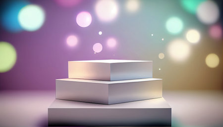 The image depicts a product display stand set against a soft pastel bokeh background. The stand is designed for presenting and showcasing any product in a stylish and elegant manner.malist aesthetic.の素材