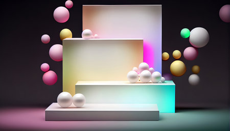 The image depicts a product display stand set against a soft pastel bokeh background. The stand is designed for presenting and showcasing any product in a stylish and elegant manner.malist aesthetic.の素材