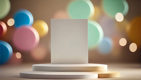 The image depicts a product display stand set against a soft pastel bokeh background. The stand is designed for presenting and showcasing any product in a stylish and elegant manner.malist aesthetic.の素材