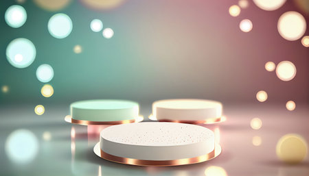 The image depicts a product display stand set against a soft pastel bokeh background. The stand is designed for presenting and showcasing any product in a stylish and elegant manner.malist aesthetic.の素材