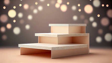 The image depicts a product display stand set against a soft pastel bokeh background. The stand is designed for presenting and showcasing any product in a stylish and elegant manner.malist aesthetic.の素材