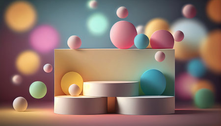 The image depicts a product display stand set against a soft pastel bokeh background. The stand is designed for presenting and showcasing any product in a stylish and elegant manner.malist aesthetic.の素材