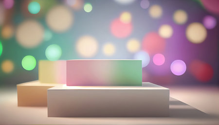 The image depicts a product display stand set against a soft pastel bokeh background. The stand is designed for presenting and showcasing any product in a stylish and elegant manner.malist aesthetic.の素材