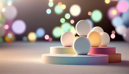 The image depicts a product display stand set against a soft pastel bokeh background. The stand is designed for presenting and showcasing any product in a stylish and elegant manner.malist aesthetic.の素材