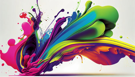 "Fluid Motion" captures the fluid and organic nature of paint splatters, with bright colors and flowing shapes that seem to move and twist, the natural beauty and complexity of fluid dynamicsの素材
