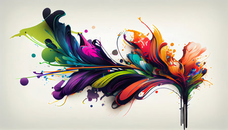 "Fluid Motion" captures the fluid and organic nature of paint splatters, with bright colors and flowing shapes that seem to move and twist, the natural beauty and complexity of fluid dynamicsの素材