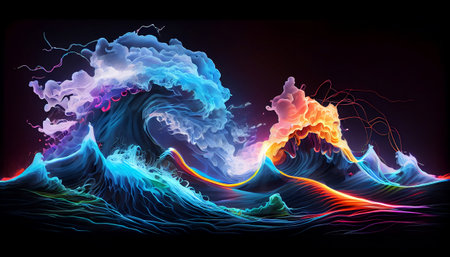 "Electric Waves" features electric waves in vibrant neon colors that pulse and move across the image, creating a hypnotic and energetic effect. waves are designed with a sense of fluidity and movementの素材