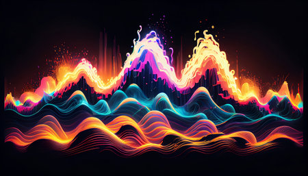 "Electric Waves" features electric waves in vibrant neon colors that pulse and move across the image, creating a hypnotic and energetic effect. waves are designed with a sense of fluidity and movementの素材