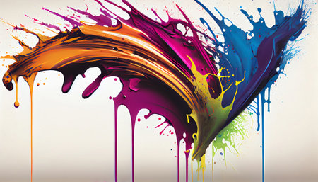 "Fluid Motion" captures the fluid and organic nature of paint splatters, with bright colors and flowing shapes that seem to move and twist, the natural beauty and complexity of fluid dynamicsの素材