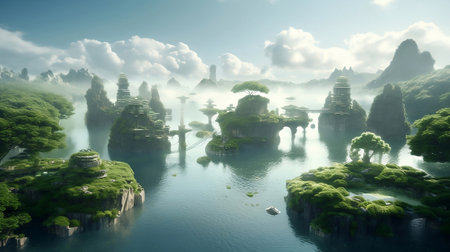 Island Dreamscape: A Surreal Landscape of Floating Islands, Rivers, and Waterfalls" is a stunning digital artwork that depicts a dreamlike and mystical world, multiple floating islandsの素材