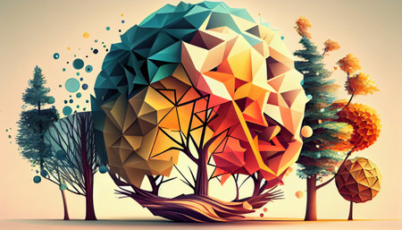 an abstract representation of nature created using geometric shapes. The design uses shapes to represent various elements of the natural world such as trees, flowers, and other organic shapes.の素材