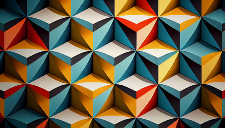 a repeating pattern created using geometric shapes. The design is characterized by bold shapes that are arranged in a symmetrical pattern, creating a mesmerizing effect, bright and contrasting colorsの素材