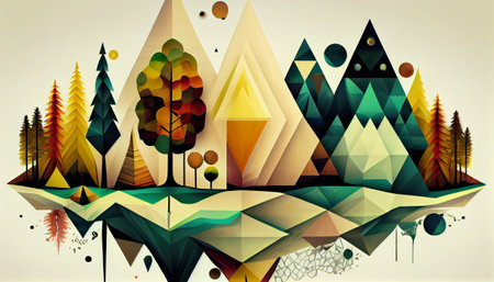 an abstract representation of nature created using geometric shapes. The design uses shapes to represent various elements of the natural world such as trees, flowers, and other organic shapes.の素材