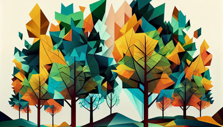 an abstract representation of nature created using geometric shapes. The design uses shapes to represent various elements of the natural world such as trees, flowers, and other organic shapes.の素材