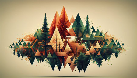 an abstract representation of nature created using geometric shapes. The design uses shapes to represent various elements of the natural world such as trees, flowers, and other organic shapes.の素材
