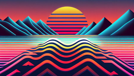 a dynamic background that captures the essence of the 80s and 90s through bold, wave-like shapes and vibrant colors. The design is characterized by bright, neon hues and a playful aestheticの素材