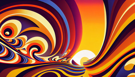 a dynamic background with bold, psychedelic colors and wave-like shapes that convey a sense of energy and movement. bright and playful colors to create a dreamy and surreal feel, abstract shapesの素材
