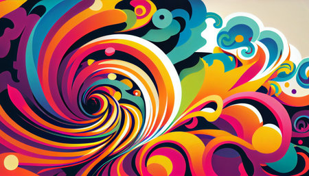 a dynamic background with bold, psychedelic colors and wave-like shapes that convey a sense of energy and movement. bright and playful colors to create a dreamy and surreal feel, abstract shapesの素材