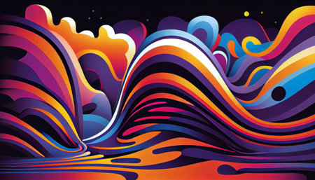 a dynamic background with bold, psychedelic colors and wave-like shapes that convey a sense of energy and movement. bright and playful colors to create a dreamy and surreal feel, abstract shapesの素材