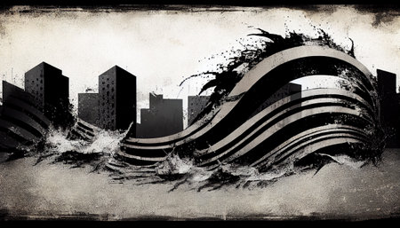 a dynamic background urban grunge through bold, wave-like shapes and gritty textures. different shades of black and gray, which create a sense of motion and energy reminiscent of a tsunami.の素材