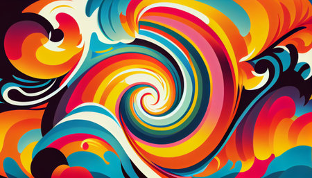 a dynamic background with bold, psychedelic colors and wave-like shapes that convey a sense of energy and movement. bright and playful colors to create a dreamy and surreal feel, abstract shapesの素材