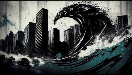 a dynamic background urban grunge through bold, wave-like shapes and gritty textures. different shades of black and gray, which create a sense of motion and energy reminiscent of a tsunami.の素材