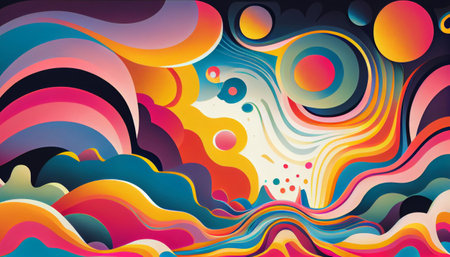 a dynamic background with bold, psychedelic colors and wave-like shapes that convey a sense of energy and movement. bright and playful colors to create a dreamy and surreal feel, abstract shapesの素材