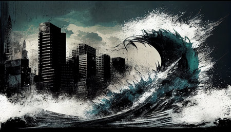 a dynamic background urban grunge through bold, wave-like shapes and gritty textures. different shades of black and gray, which create a sense of motion and energy reminiscent of a tsunami.の素材