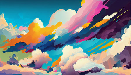 The abstract cloud formation is designed with bright, bold colors and sharp, angular shapes that create a sense of motion and excitement. The dynamic shapes and colors give the impression of movementの素材