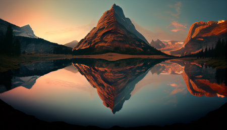 a stunning sunset over a mountain range, with the reflection of both the mountains and the sunset mirrored in a nearby lake. The calm and still water creates a beautiful and serene mirror imageの素材