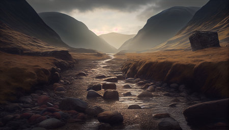 an atmospheric landscape photograph of a mountain range during sunset. The lighting and exposure have been manipulated to create a moody atmosphere, with the mountains shrouded in shadows and the skyの素材
