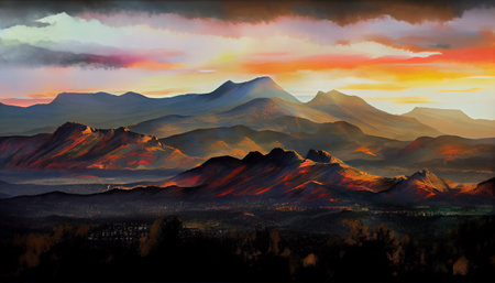 the moment when the sun is setting and the mountains are transitioning from day to night. The warm glow of the sun bathes the mountain range in a beautiful golden light, between the light and shadow.の素材