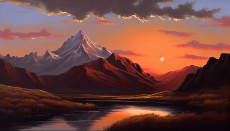 the moment when the sun is setting and the mountains are transitioning from day to night. The warm glow of the sun bathes the mountain range in a beautiful golden light, between the light and shadow.の素材