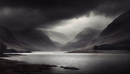 an atmospheric landscape photograph of a mountain range during sunset. The lighting and exposure have been manipulated to create a moody atmosphere, with the mountains shrouded in shadows and the skyの素材