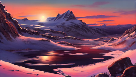 the moment when the sun is setting and the mountains are transitioning from day to night. The warm glow of the sun bathes the mountain range in a beautiful golden light, between the light and shadow.の素材